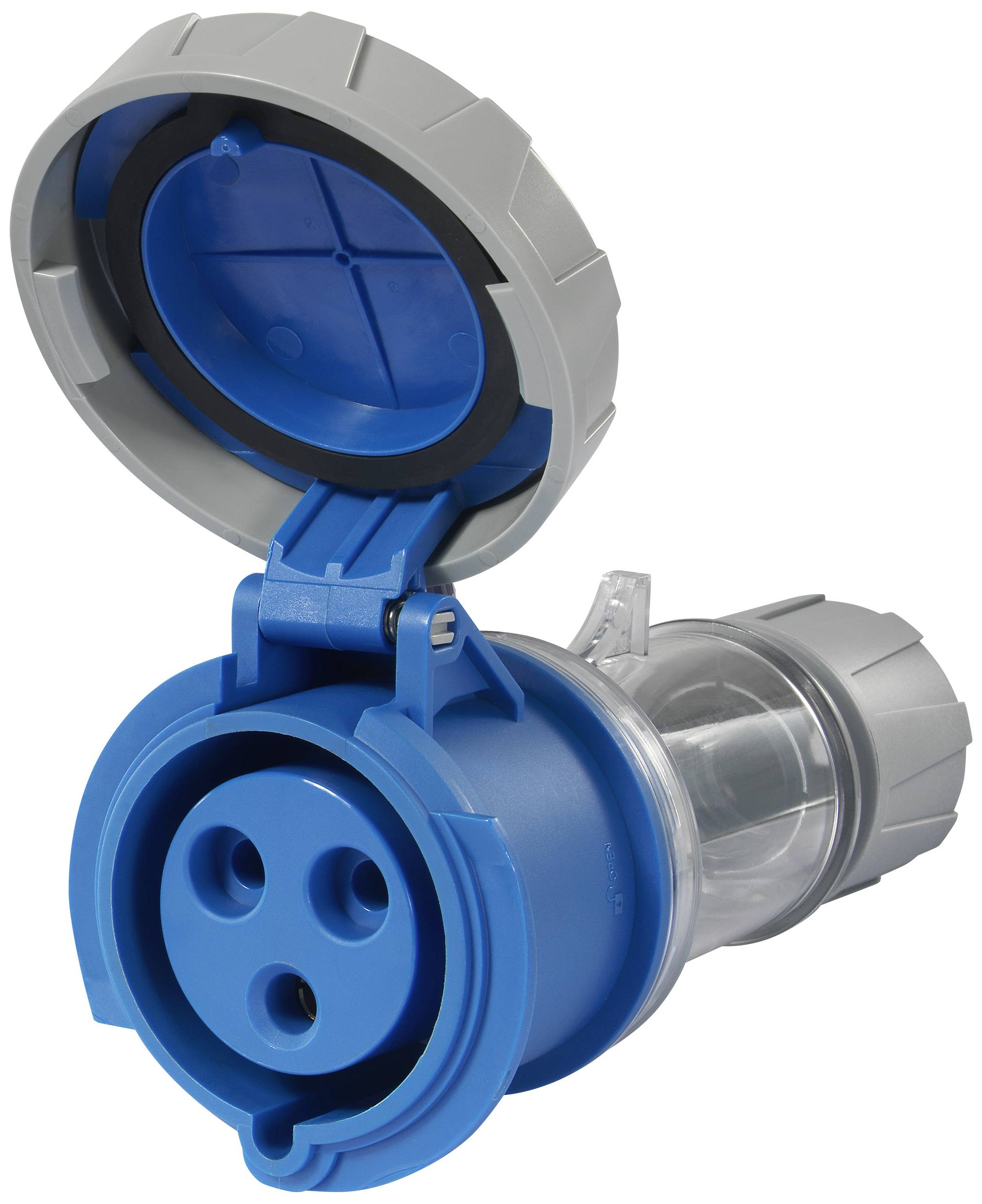 Niebieski, okrągły elektryczny złącz z szarą, składaną pokrywą ochronną, odpowiedni do zastosowań przemysłowych.
