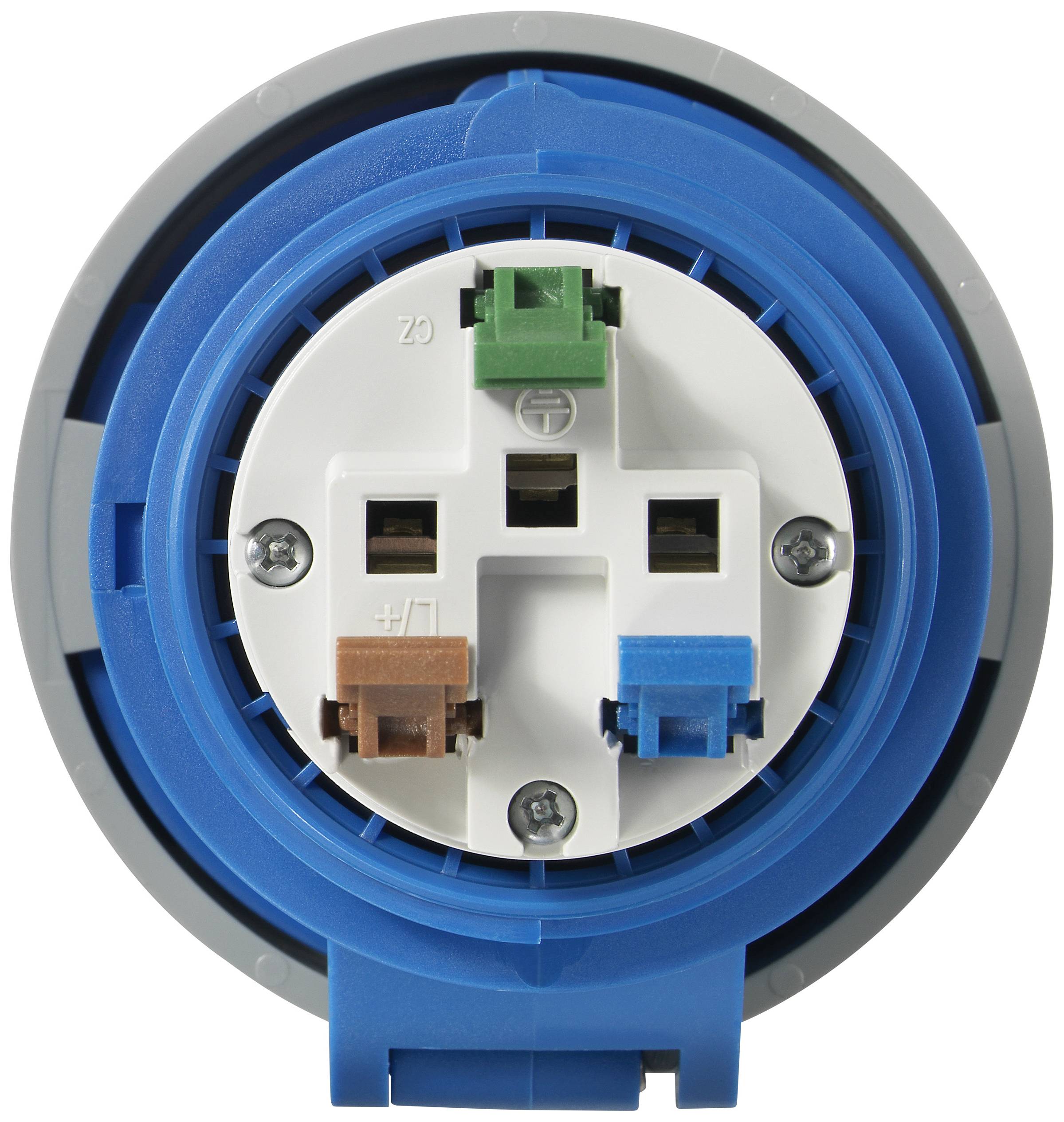 Przełącznik krzyżowy do montażu podtynkowego w kolorze niebieskim i szarym, z czterema kolorowo kodowanymi zaciskami: zielonym, brązowym, niebieskim i szarym.