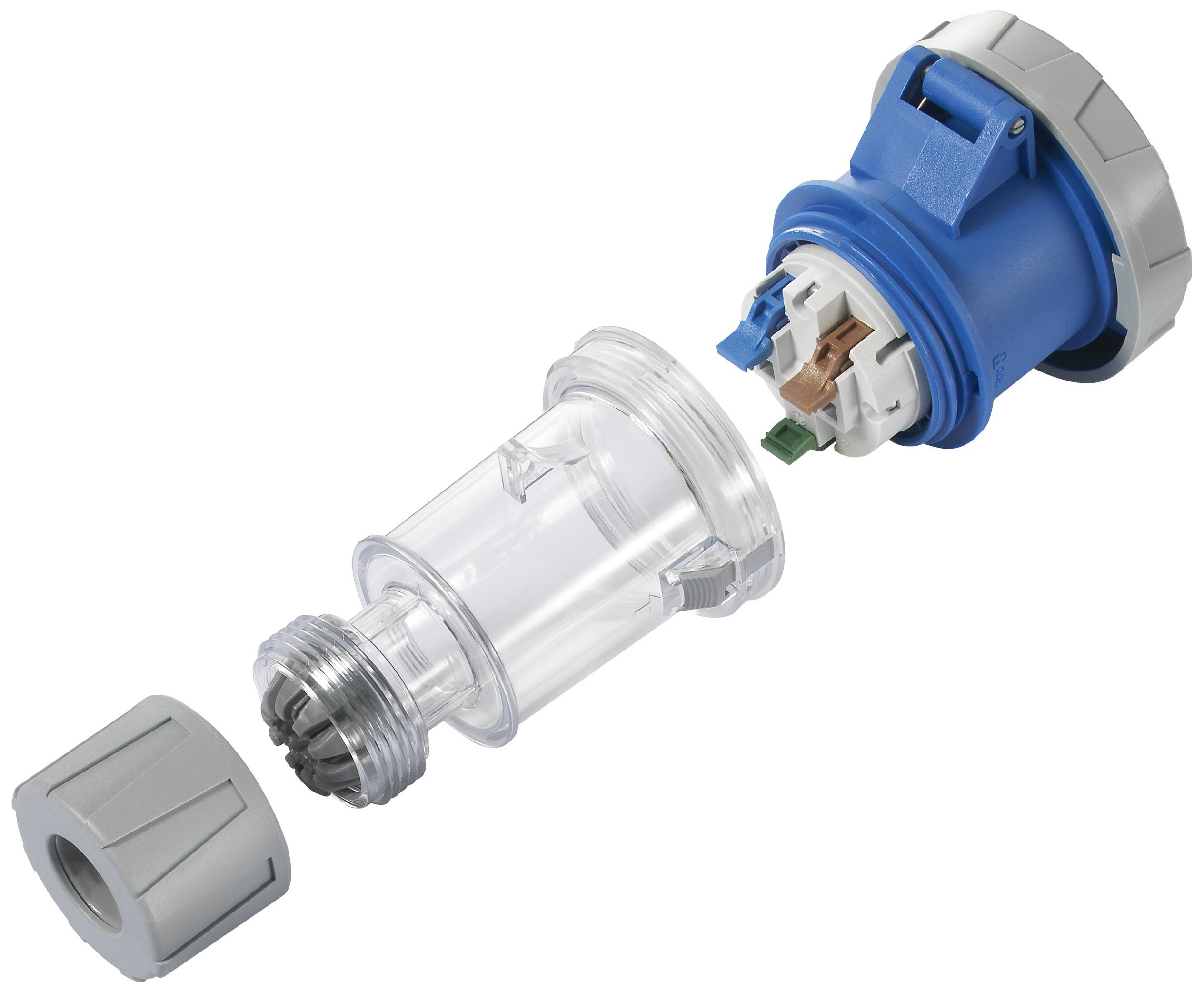 Rozłączny złącz z tworzywa sztucznego składający się z kilku elementów, w tym niebieskiej głównej części i szarych nakrętek mocujących.