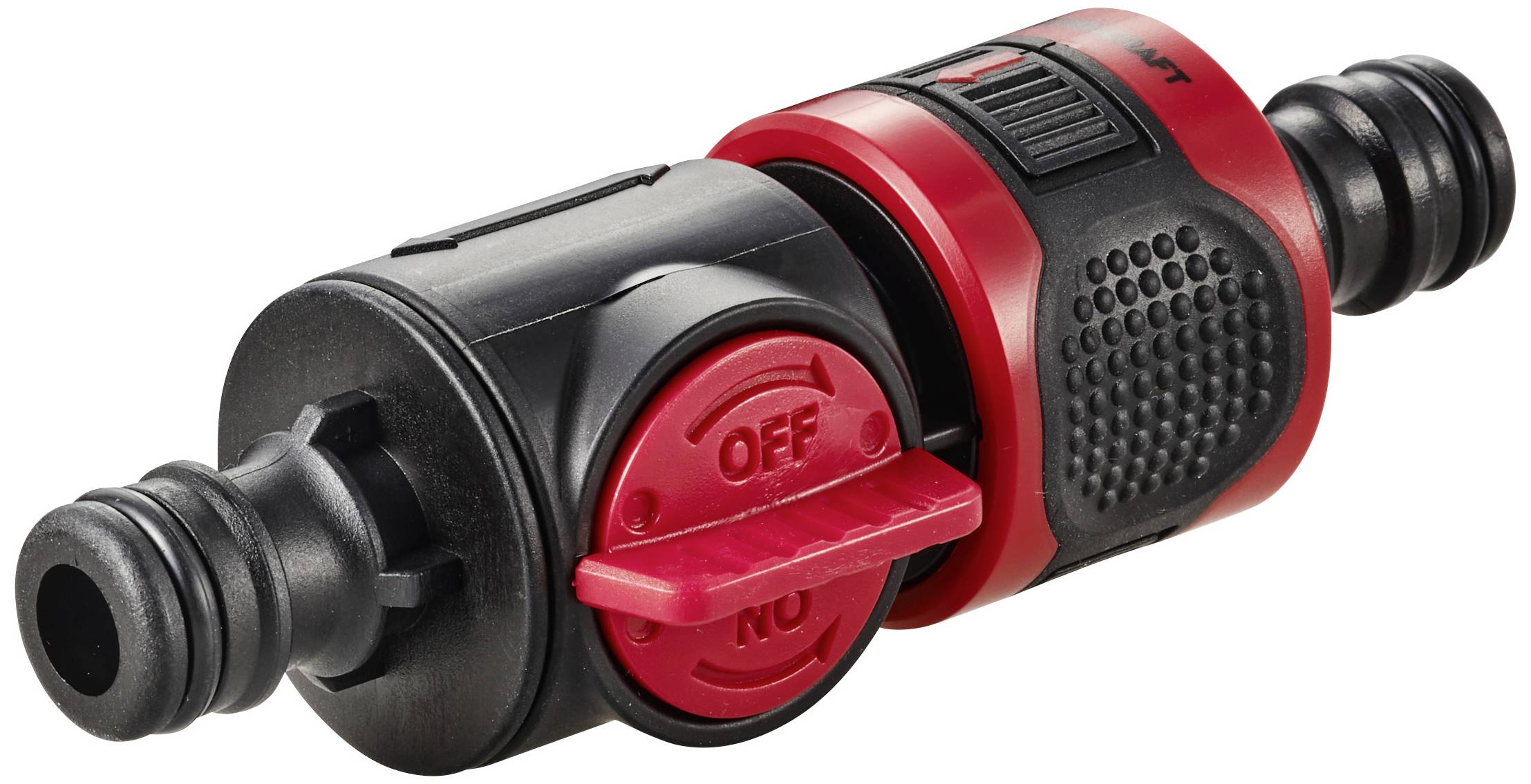 Złączka wężowa z czerwoną dźwignią i napisem 'OFF', służąca do sterowania przepływem wody w systemie węży ogrodowych.
