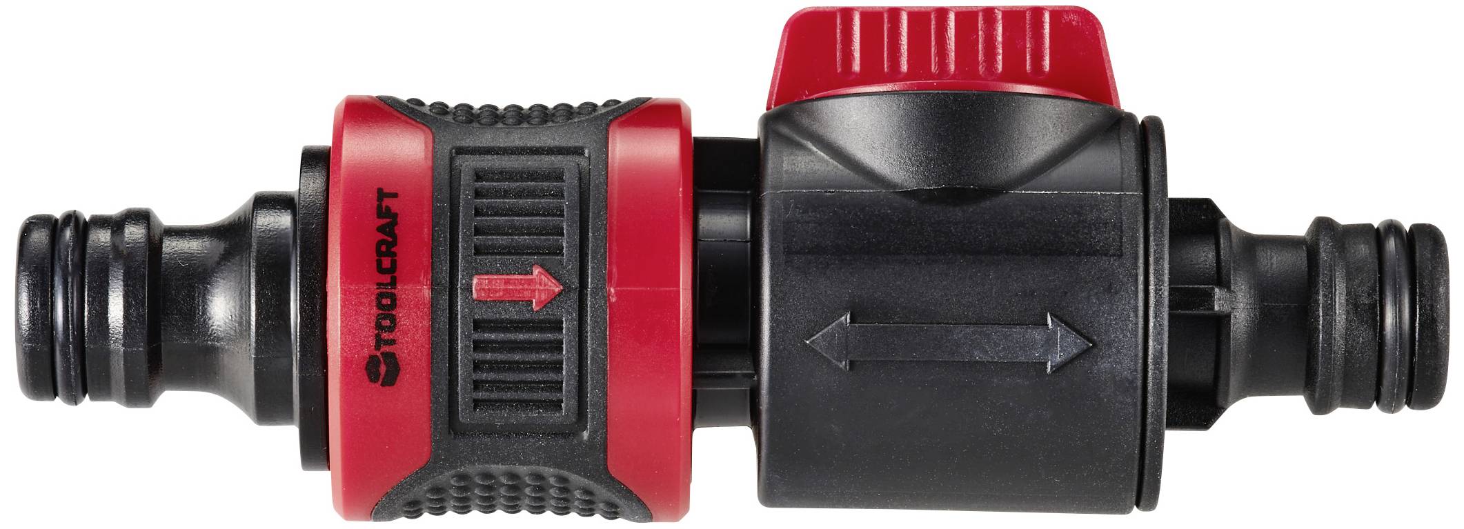 Złączka rurowa z czerwoną i czarną obudową oraz strzałkami wskazującymi kierunek przepływu. Zaprojektowana do stosowania w systemach wodnych.