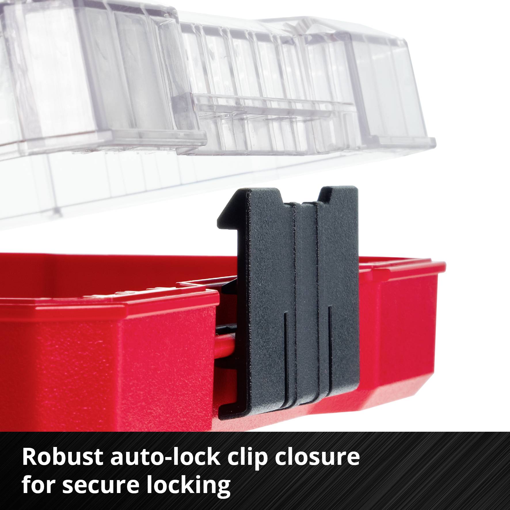 Czerwona obudowa z tworzywa sztucznego z wytrzymałym mechanizmem Auto-Lock-Clip. Tekst poniżej: 'Wytrzymały mechanizm Auto-Lock-Clip do pewnego zamykania'.