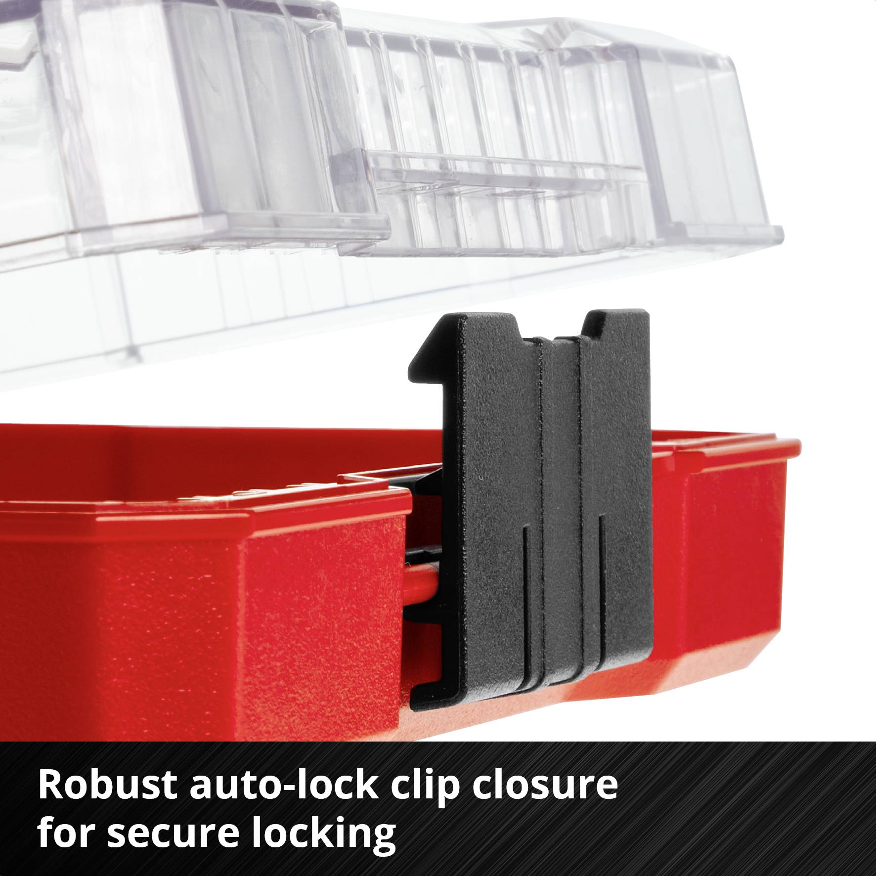 Mocny zatrzask Auto-Lock-Clip do bezpiecznego zamknięcia na czerwonym pojemniku z przezroczystą pokrywką.