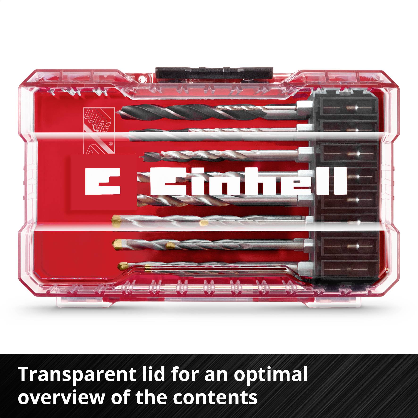 Zestaw wierteł marki Einhell w przezroczystym pudełku plastikowym, zawierający różne wiertła przeznaczone do metalu i betonu. Czarna podstawa.