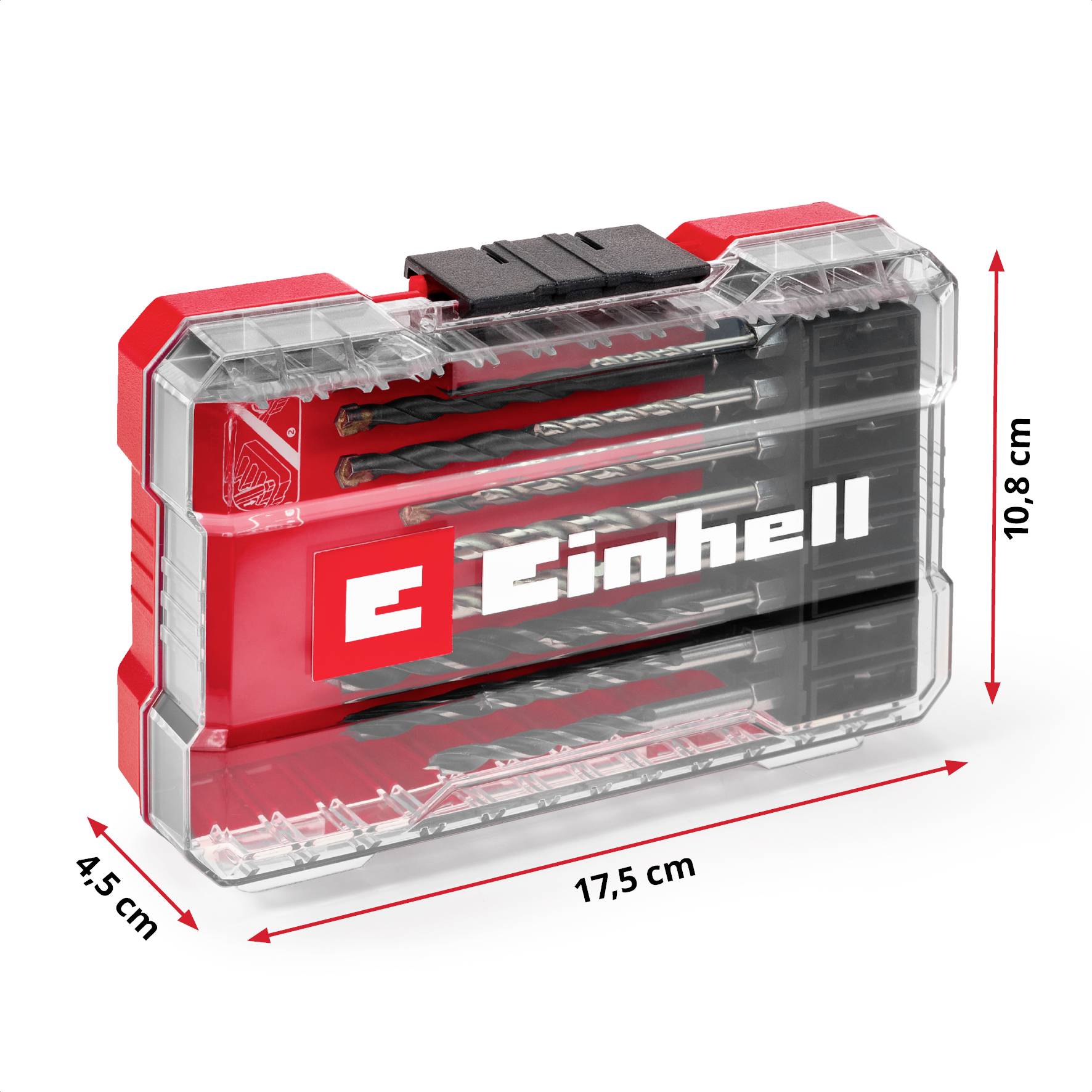 Zestaw wierteł marki Einhell w przezroczystym pudełku plastikowym, zawierający kilka wierteł. Napis: 'Einhell'. Wymiary: 17,5 cm x 10,8 cm x 4,5 cm.