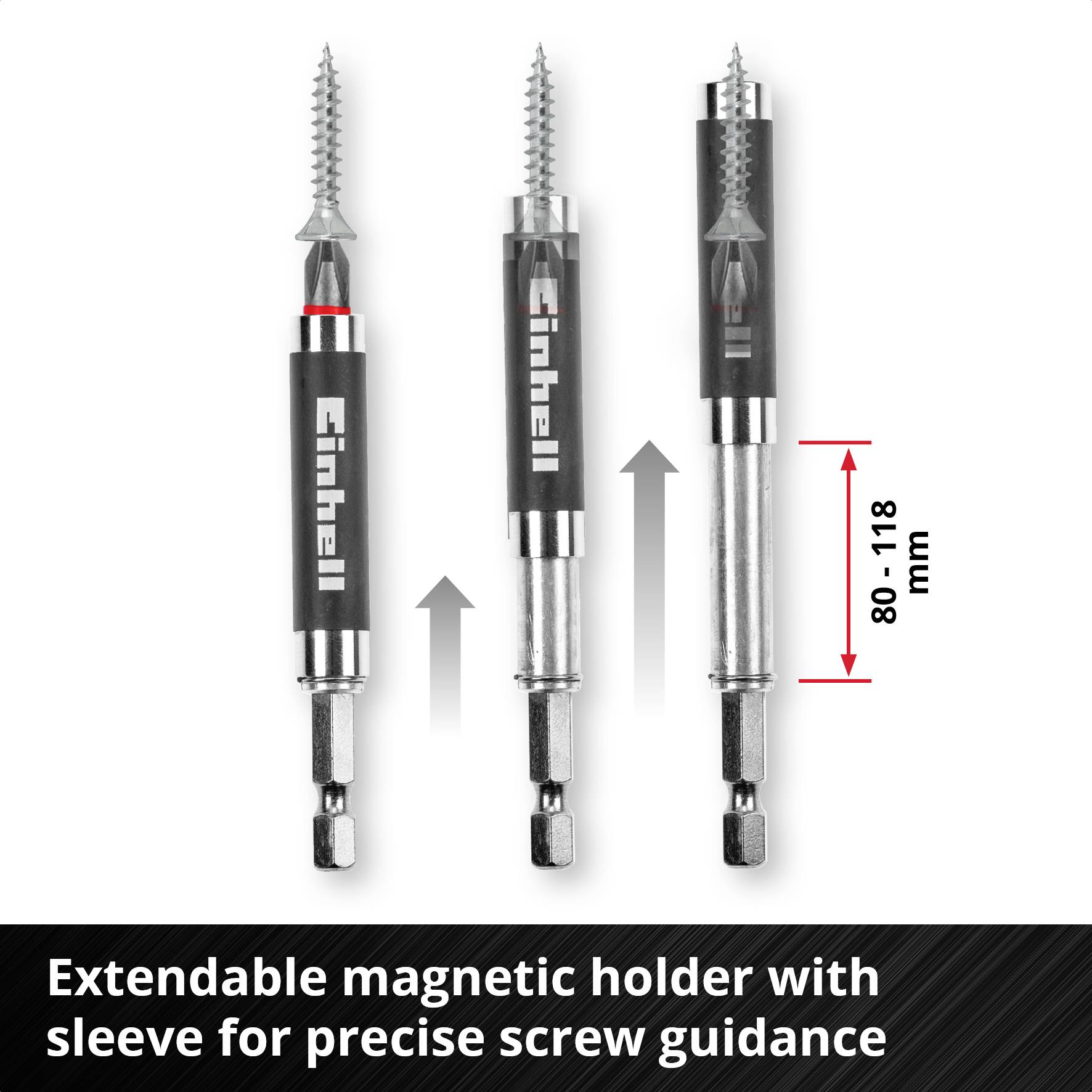 Trzy wkrętaki z wysuwanym uchwytem magnetycznym i tulejką do precyzyjnego prowadzenia wkrętów, o długości do 118 mm.