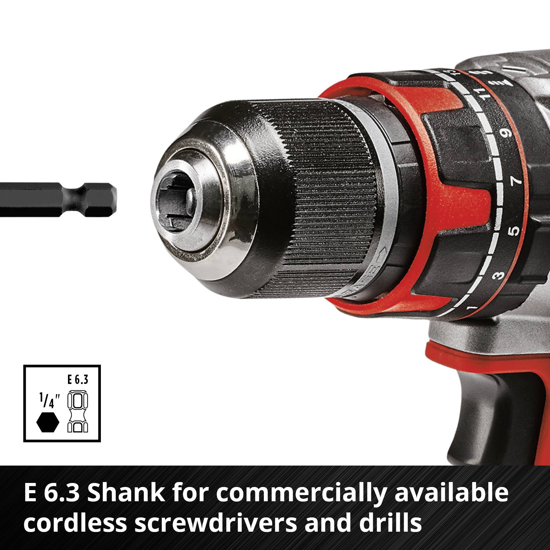 E6.3 Uchwyt do końcówek do wiertarek, przedstawiony z czarną wkładką. Tekst pod obrazem: 'E 6.3 Uchwyt do popularnych akumulatorowych wkrętarek i wiertarek'.