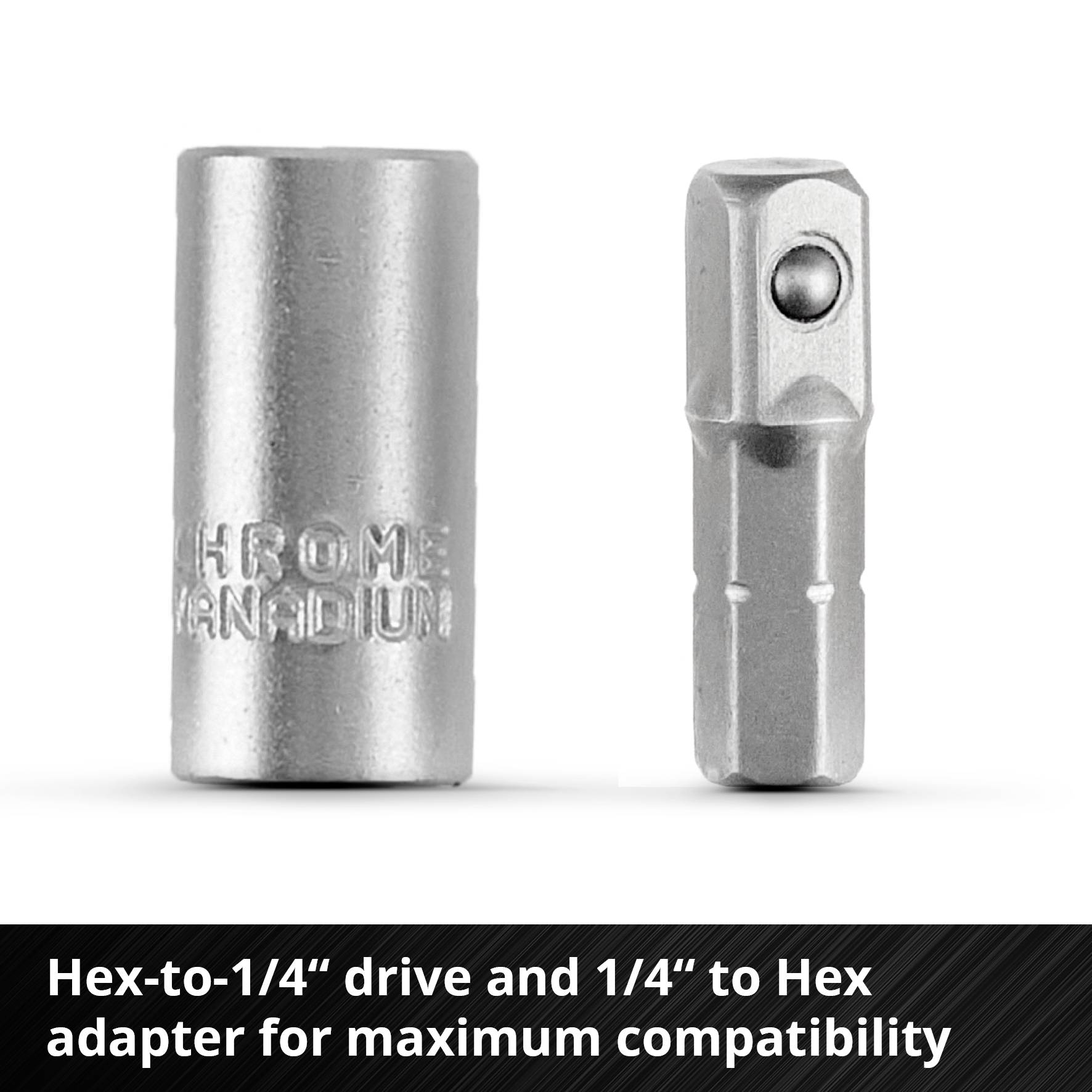 Dwa srebrne adaptery: po lewej cylindryczny adapter, po prawej adapter sześciokątny. Oznaczenie: Chrom-Wanad.