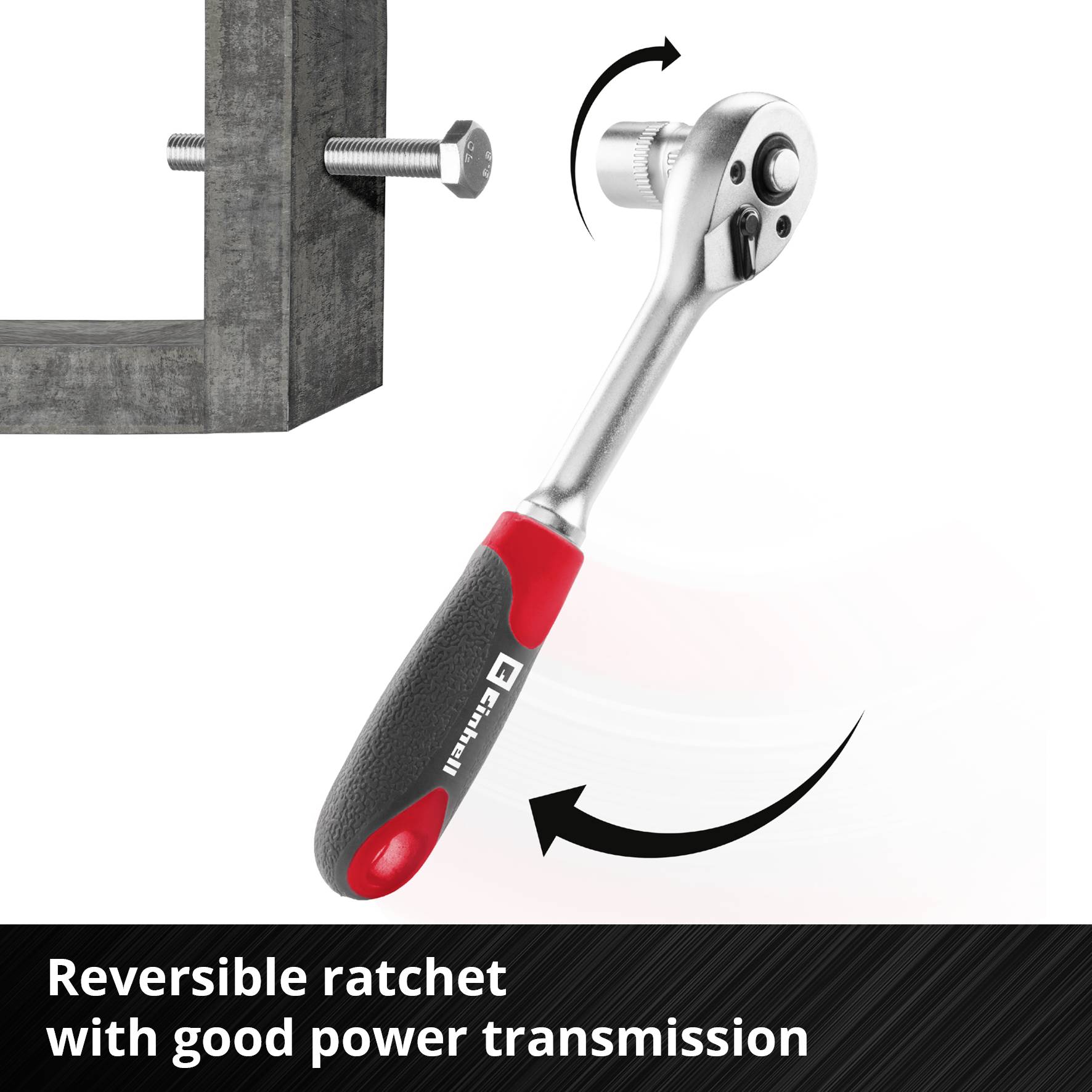 Klucz przerzutowy podczas dokręcania śruby na metalowej ramie. Tekst: 'Klucz przerzutowy o dobrej transmisji siły'.