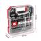 Przezroczysty zestaw narzędziowy firmy Einhell z 37 bitami i śrubokrętem. Wymiary: 18,5 cm x 18,0 cm x 4,2 cm.