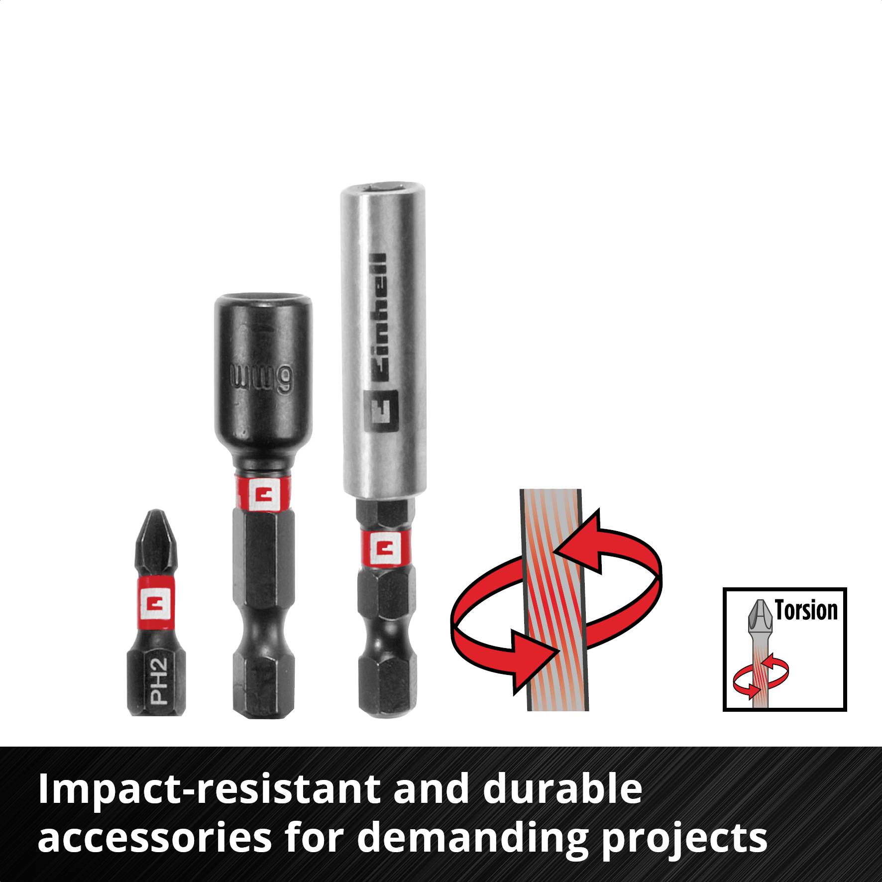 Trzy różne bity i końcówki, które są wytrzymałe na uderzenia i trwałe, z uwagą na właściwości skrętne. Tekst: 'Odporny na uderzenia i trwały osprzęt do wymagających projektów.'