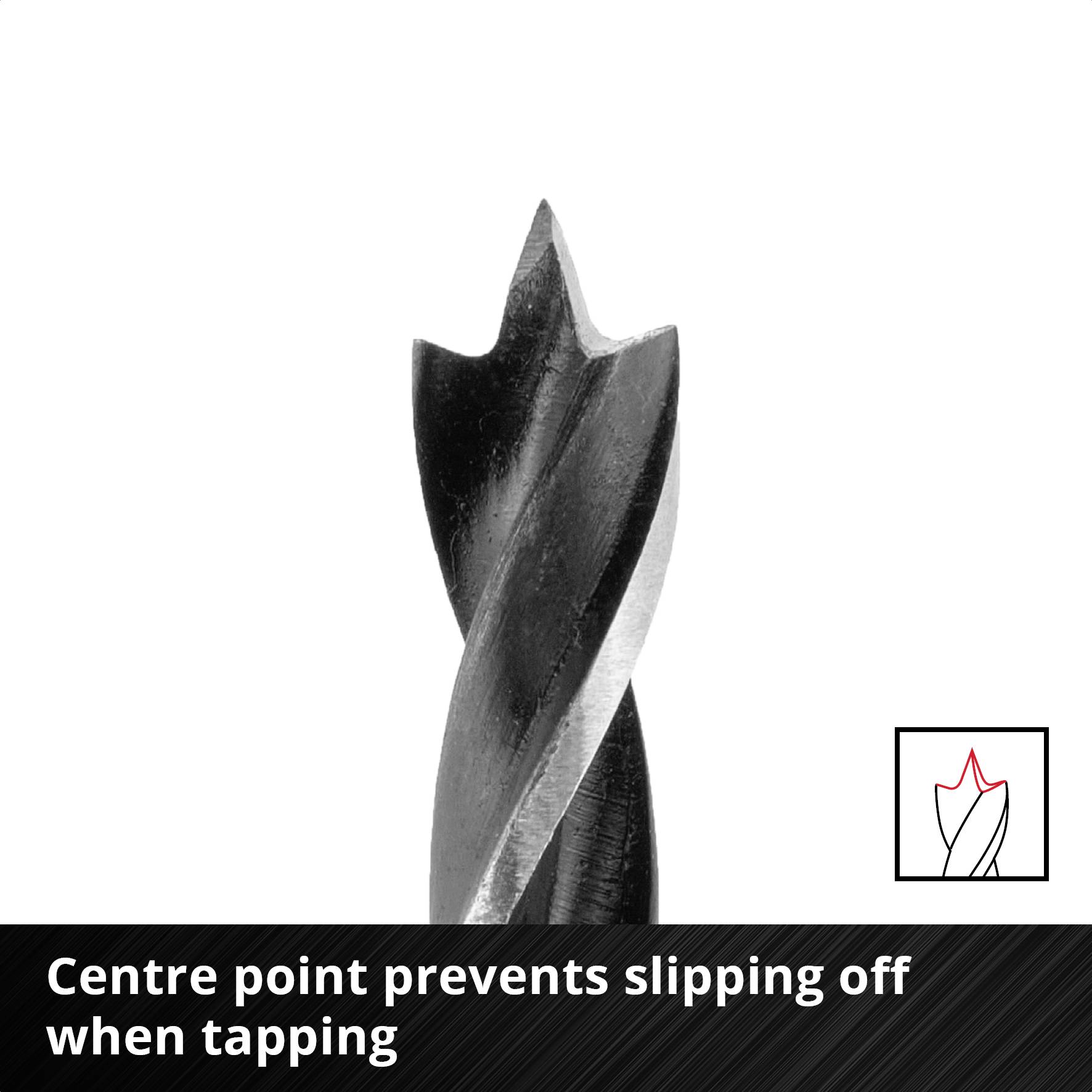 Wiertło ze spiczastym czubkiem centrującym, które zapobiega ześlizgiwaniu się podczas wiercenia. Czarny, spiralny design gwarantujący precyzję.