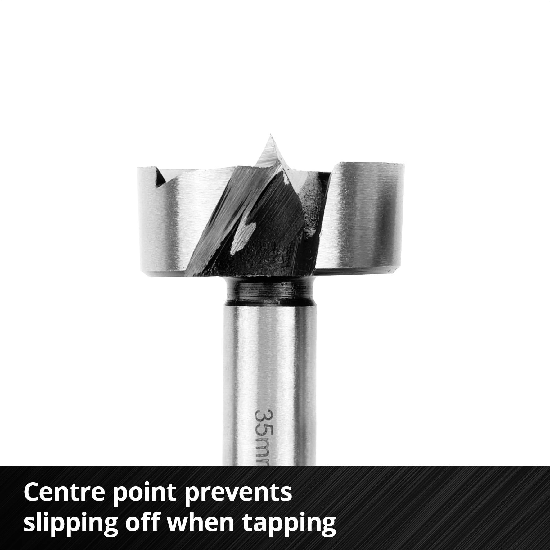 Wiertło Forstnera z czubkiem centrującym i czarnym napisem: "Czubek centrujący zapobiega zsuwaniu się podczas rozpoczynania wiercenia".