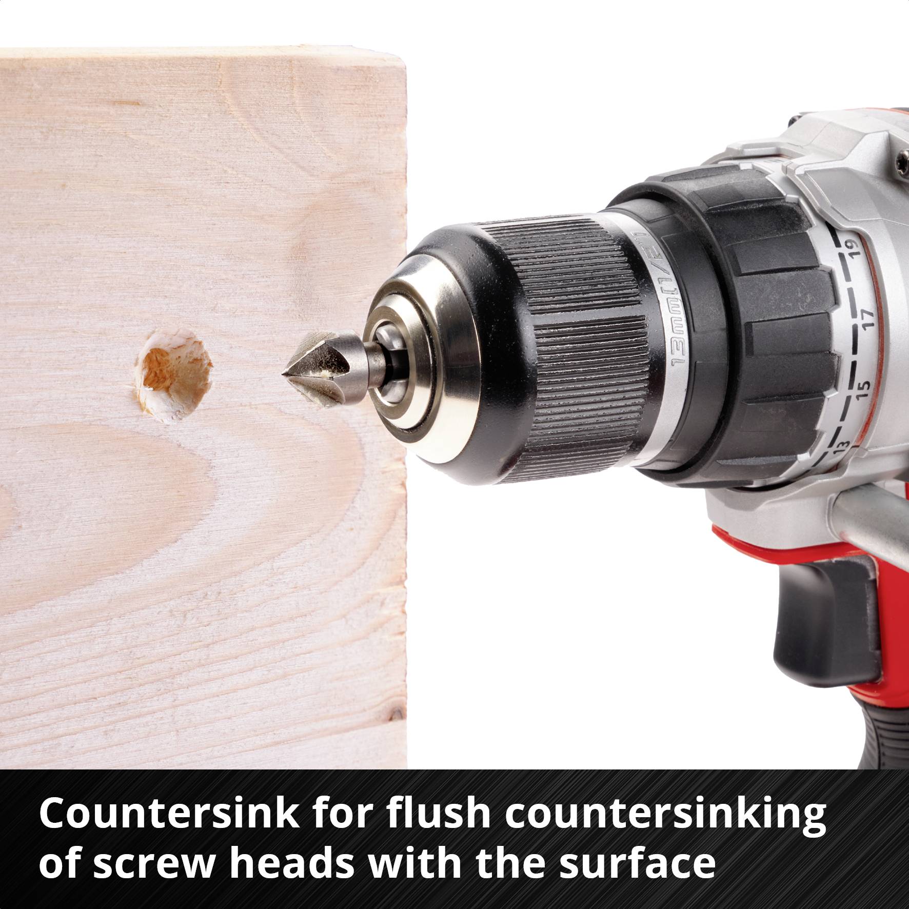 Wiertarka z pogłębiaczem wykonująca otwór w drewnie. Tekst poniżej: 'Pogłębiacz do równego zagłębiania łbów śrub z powierzchnią'.