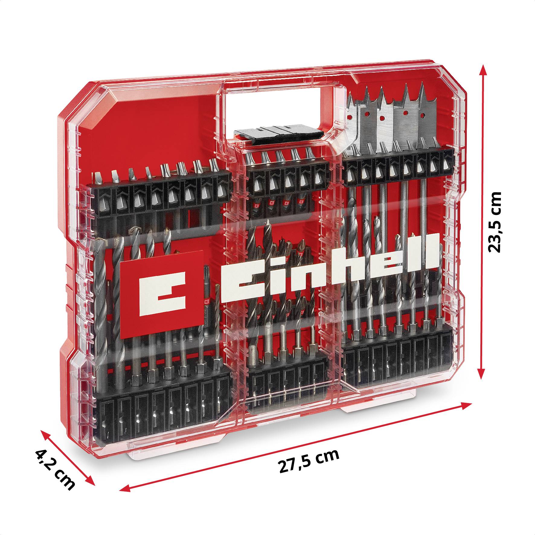 Zestaw wierteł Einhell w przezroczystej walizce plastikowej. Zestaw zawiera różne wiertła oznaczone logo produktu. Wymiary: 23,5 cm x 27,5 cm x 4,2 cm.