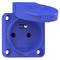 Niebieskie gniazdo elektryczne z ochroną styków i otwartą pokrywą, przeznaczone do użytku w Europie, prezentujące uziemienie oraz dwa styki wtykowe.