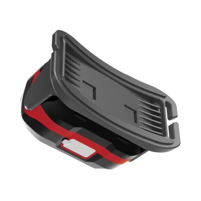 Uchwyt do licznika rowerowego w kolorze czarnym i czerwonym, o nowoczesnym, aerodynamicznym kształcie.