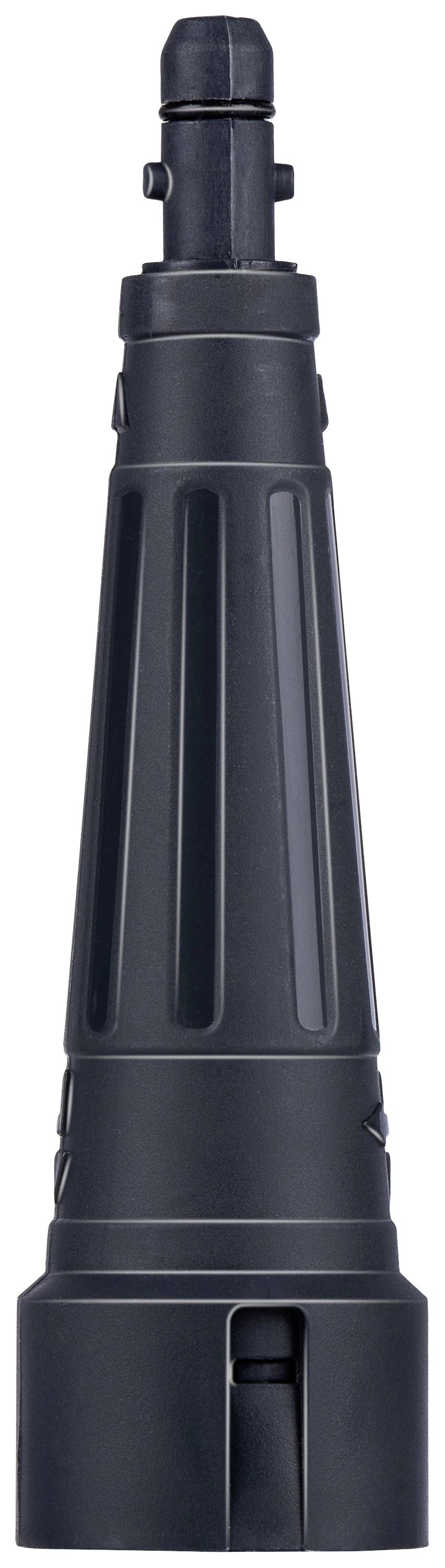 Czarny element z tworzywa sztucznego w kształcie cylindra o żebrowanej powierzchni i zaokrąglonym czubku, prawdopodobnie element wyposażenia dodatkowego.