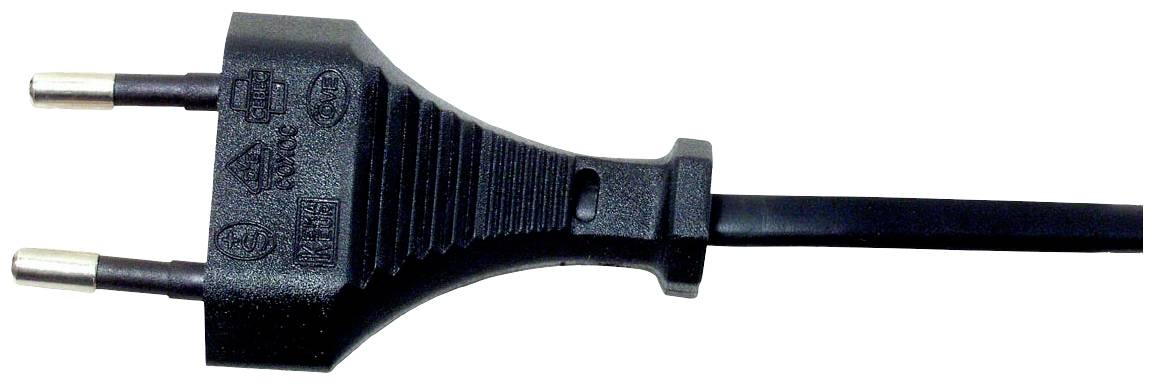 Czarny wtyk europejski z dwoma okrągłymi pinami na czarnym przewodzie.