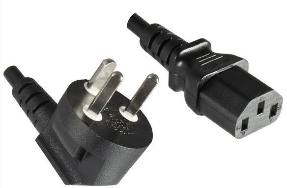 'Dwa czarne wtyki elektryczne: po lewej wtyk trzybiegunowy, po prawej kompatybilne gniazdo. Oba są przeznaczone do urządzeń elektronicznych.'