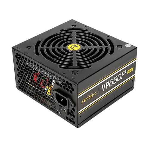 Czarny zasilacz komputerowy marki Antec, model VP650P, z wentylatorem na górze i boczną kratką wentylacyjną. Odpowiedni do komputerów stacjonarnych.