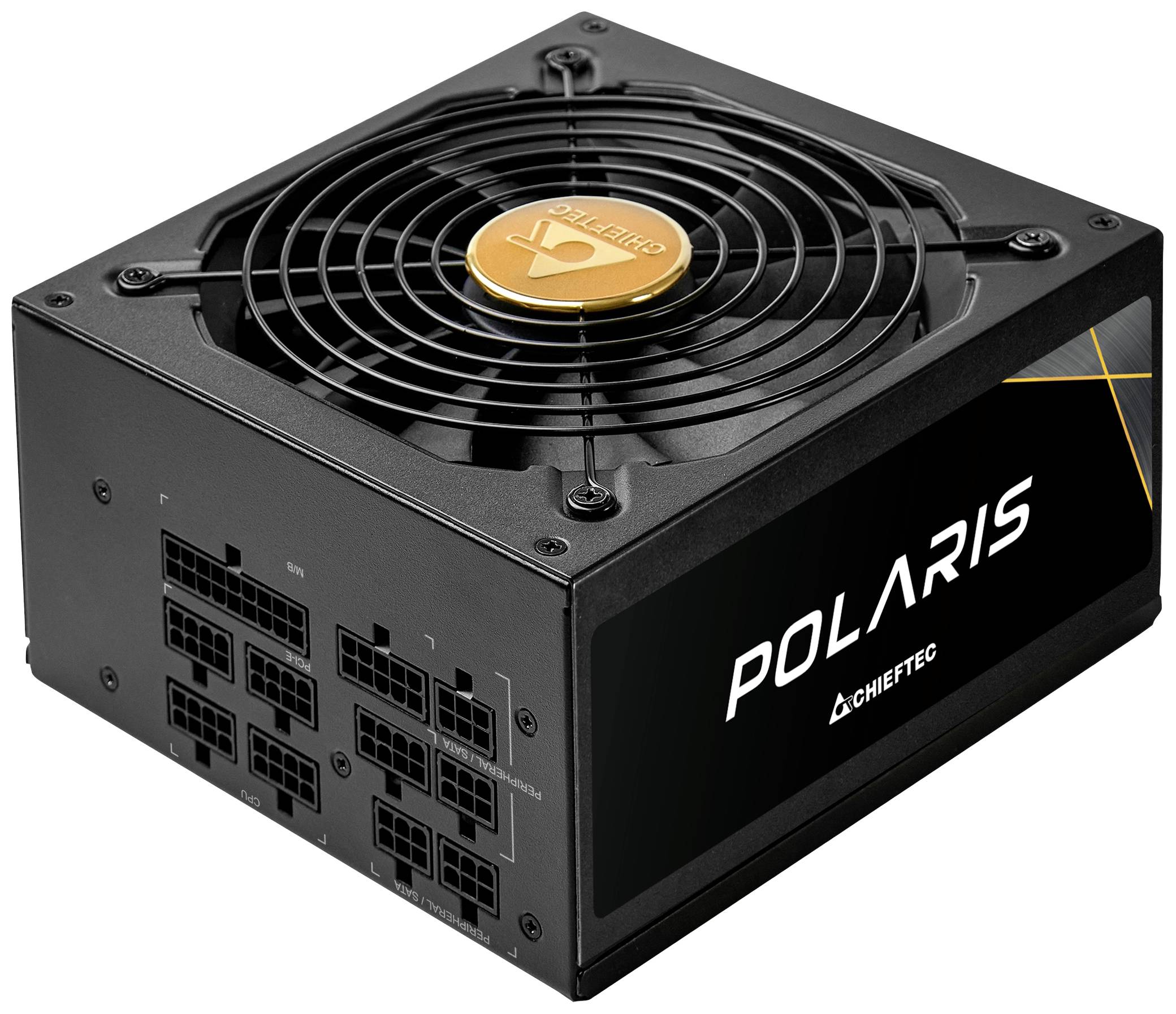 Czarny zasilacz komputerowy firmy Chieftec, model 'POLARIS', z wieloma gniazdami przyłączeniowymi i wentylatorem na górze.