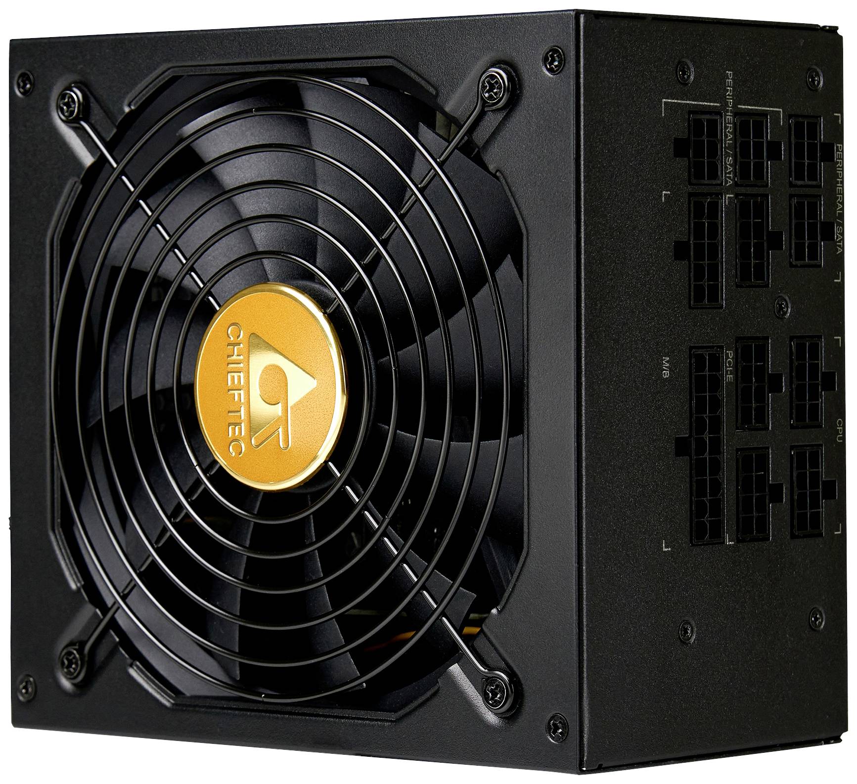 Czarny zasilacz komputerowy marki Chieftec z wentylatorem i modularnym systemem podłączeń, przeznaczony do zasilania podzespołów komputerowych.