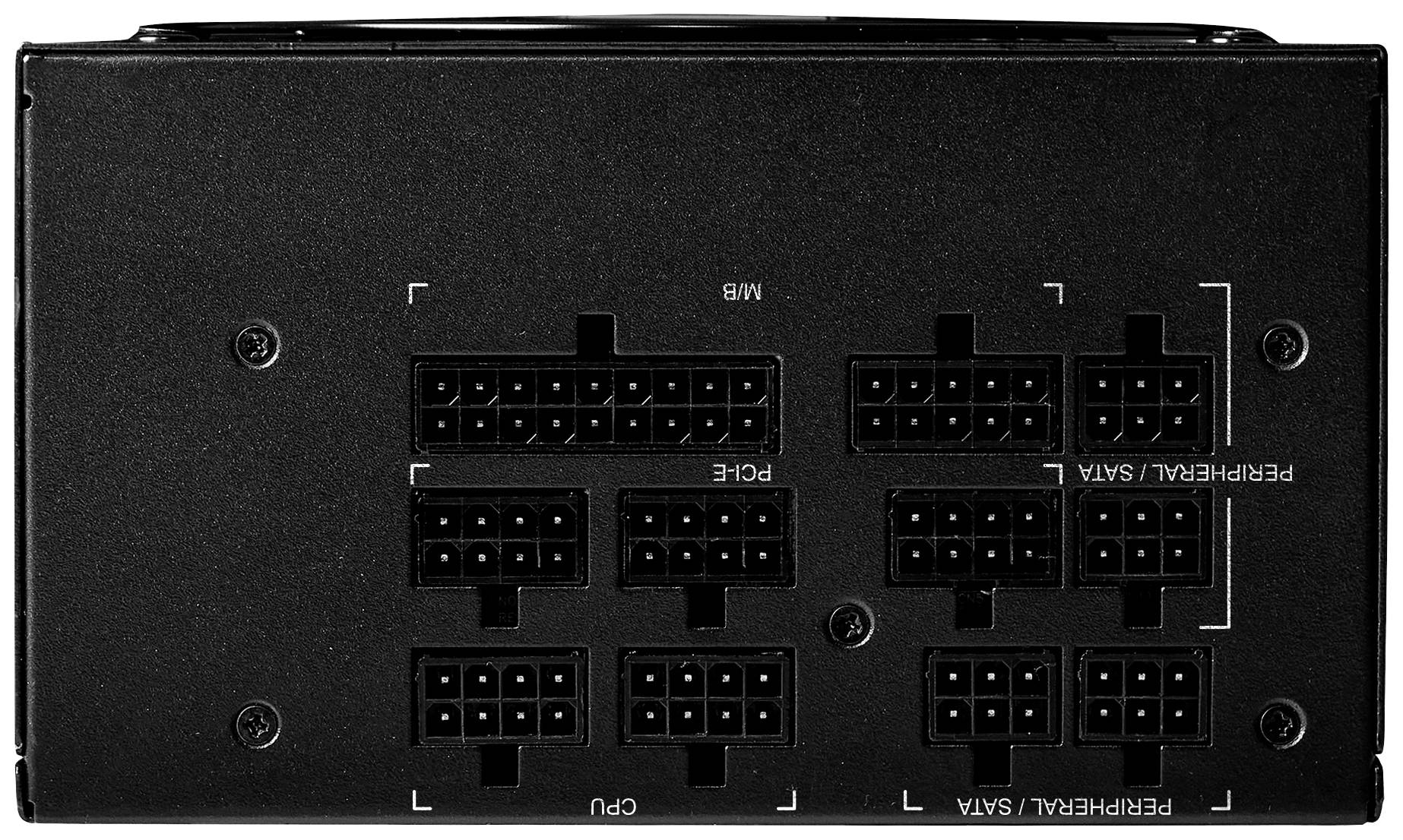 Czarny zasilacz z wieloma złączami, oznaczony jako 'MB', 'PCIe', 'CPU' oraz 'Peripheral/SATA' do zasilania komponentów komputerowych.