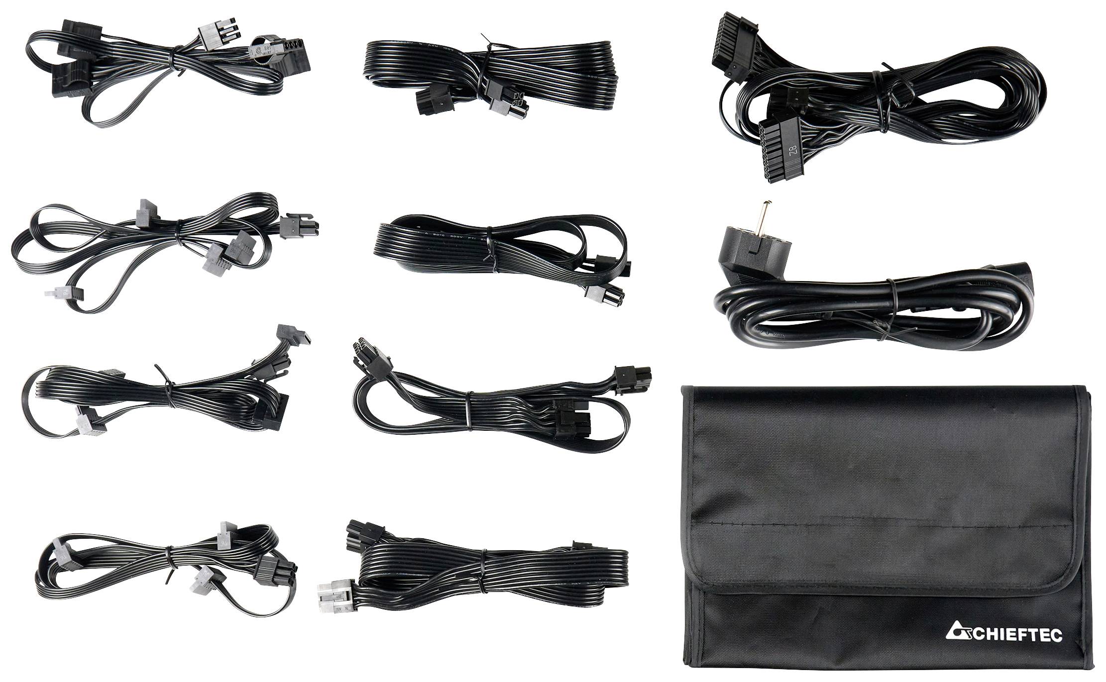 Zestaw kabli Chietec, składający się z dziewięciu różnych czarnych kabli i czarnej torby do przechowywania, ułożonych obok siebie.