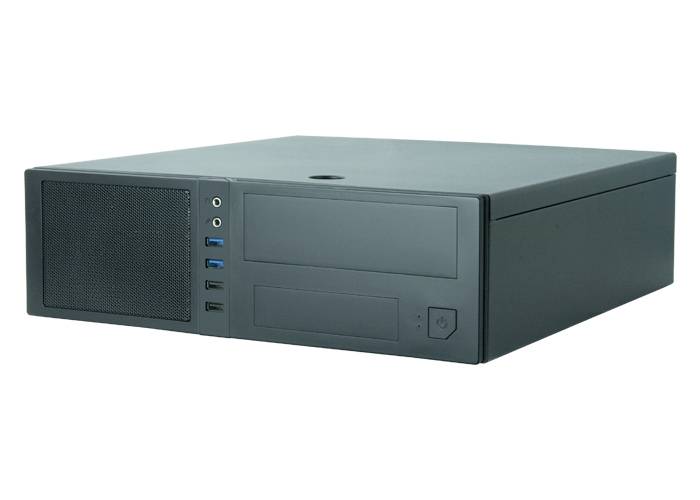 Czarny komputer stacjonarny z portami USB i przyciskiem zasilania z przodu obudowy.