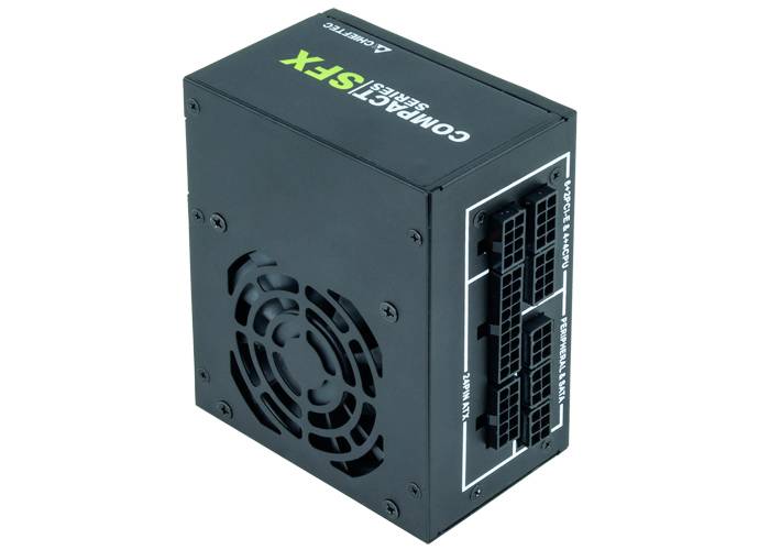 Kompaktowy zasilacz SFX z wentylatorem, wieloma złączami zasilania i napisem 'COMPACT SFX SERIES' na górnej części urządzenia.