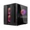 Czarna obudowa komputera z podświetlanymi wentylatorami w odcieniach czerwieni i fioletu, wyposażona w kilka portów USB oraz przezroczystą boczną ściankę.