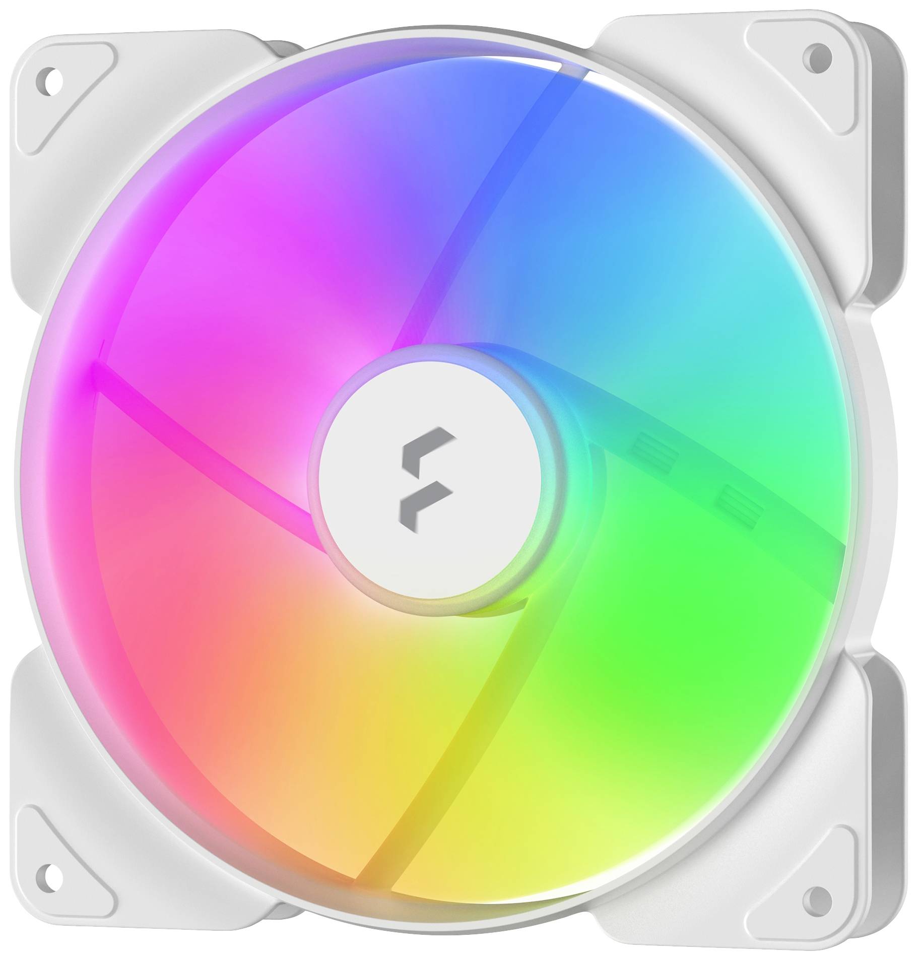 Wentylator komputerowy z podświetleniem LED w tęczowych kolorach świeci różnymi barwami. Obudowa jest biała.
