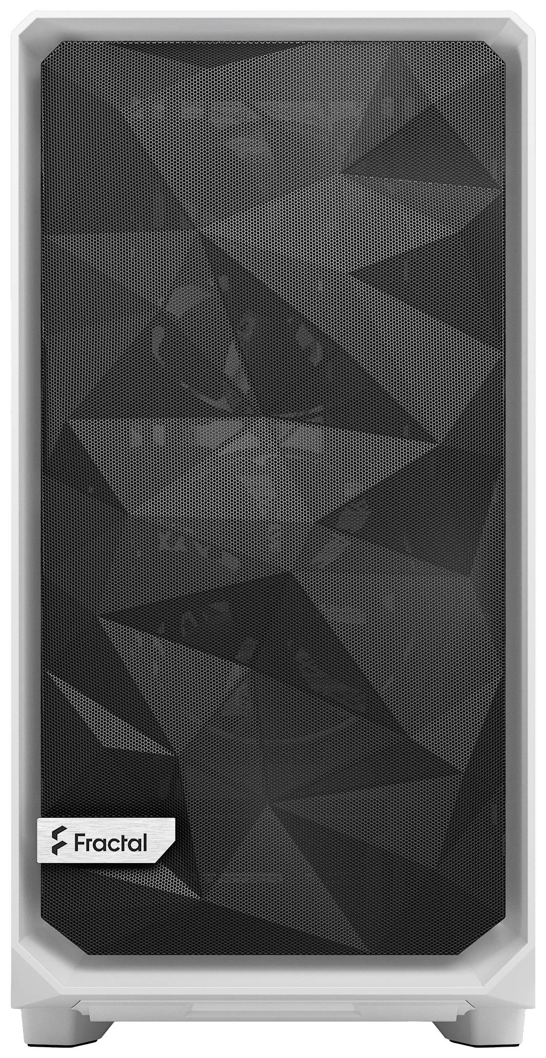 Białe obudowa komputera z czołową częścią wykonaną z czarnej, geometrycznie wzorzystej siatki. Widoczne logo Fractal w lewym dolnym rogu.