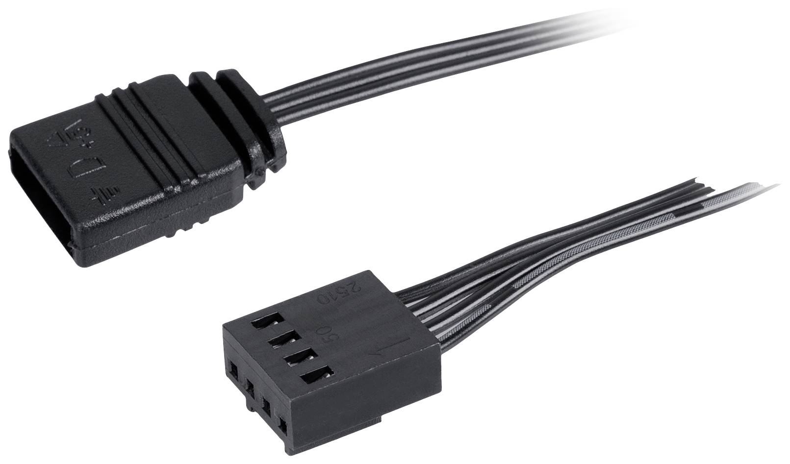 Dwa czarne złącza kablowe 4-pinowe o różnych typach wtyczek.