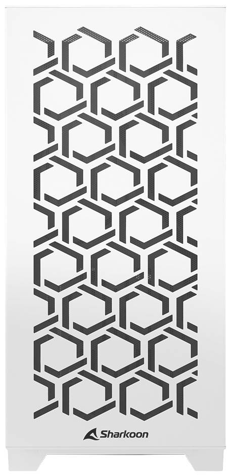 Obudowa komputera z sześciokątnym wzorem na przedniej ściance, pod którym znajduje się logo 'Sharkoon'. Głównie biała z czarnym designem.