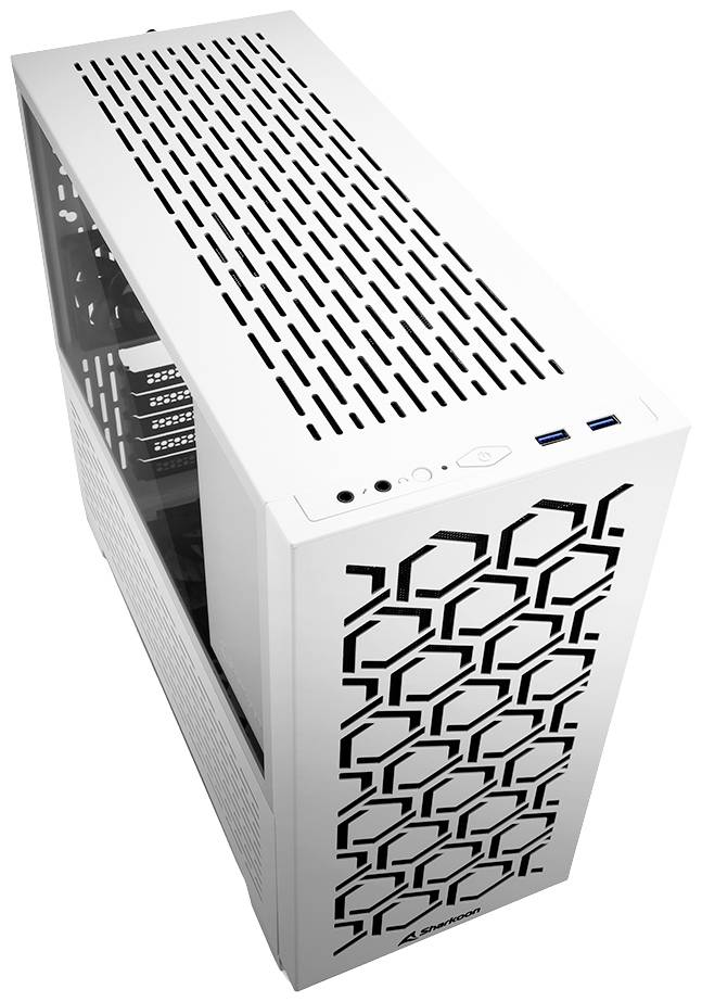 Biała obudowa komputera z nowoczesnym, geometrycznym wzorem na przedniej ścianie. Na górze znajdują się dwa porty USB i przyciski sterujące.