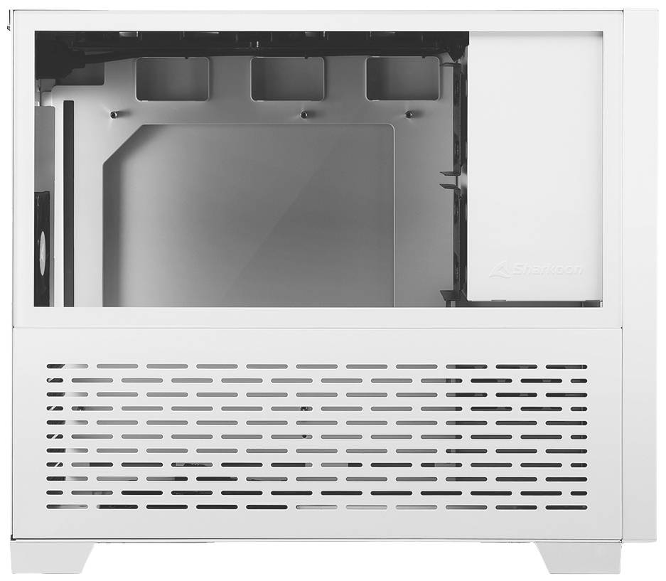 Białe obudowa komputerowa z przezroczystym oknem bocznym i wentylowaną przednią ścianką.