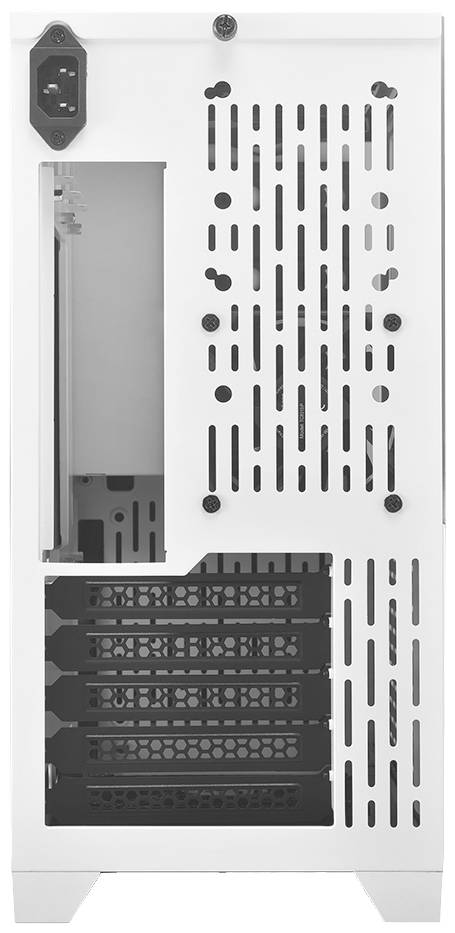Tylna strona białej obudowy komputera z otworami wentylacyjnymi, wieloma slotami rozszerzeń oraz złączem zasilania.