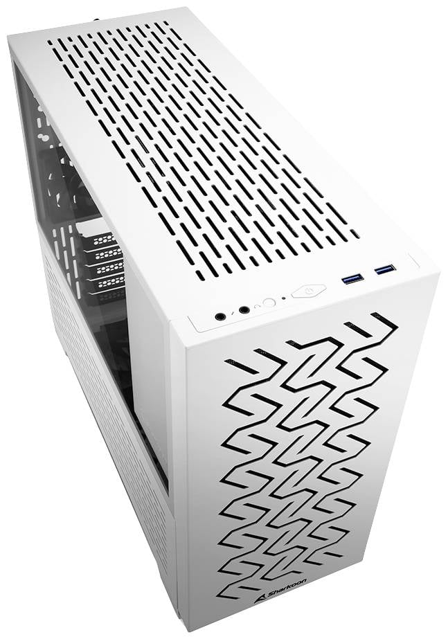 Widok z góry białej obudowy komputera z otworami wentylacyjnymi i dwoma portami USB z przodu.