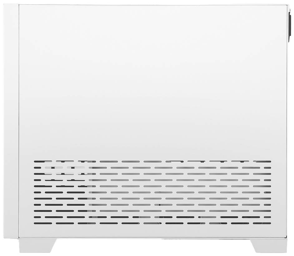 Białe, prostokątne obudowa komputera z otworami wentylacyjnymi u dołu. Stoi na płaskiej powierzchni. Brak innych widocznych szczegółów.