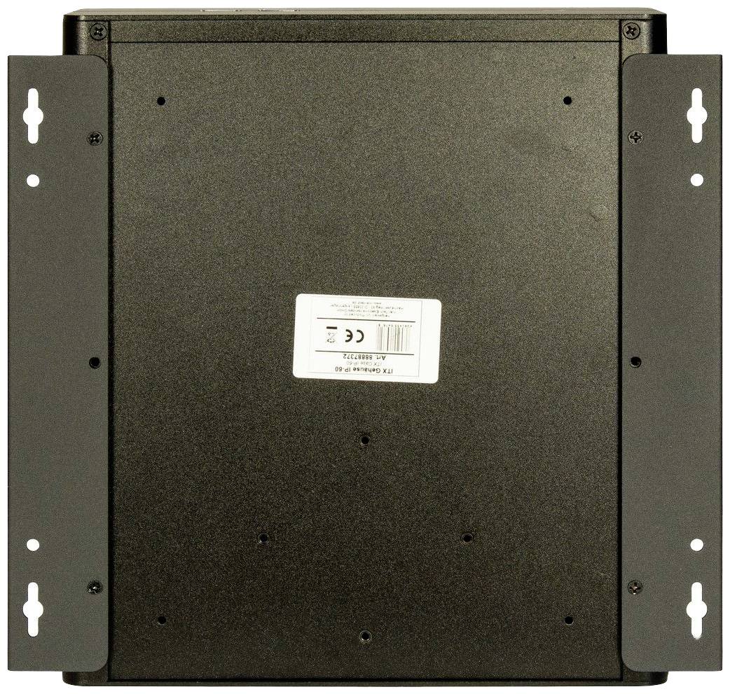 Czarna metalowa obudowa z bocznymi uchwytami montażowymi oraz białą etykietą pośrodku na tylnej stronie.