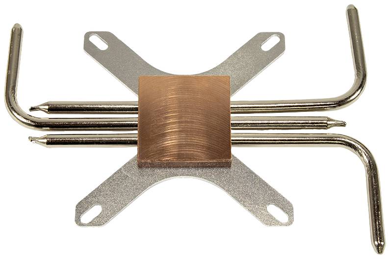 Radiator miedziany z czterema zakrzywionymi przewodami cieplnymi i aluminiowymi mocowaniami, stosowany do wydajnego chłodzenia w komputerach.