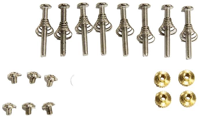 Metalowe śruby z sprężynami i złotymi podkładkami w różnych konfiguracjach, na białym tle.