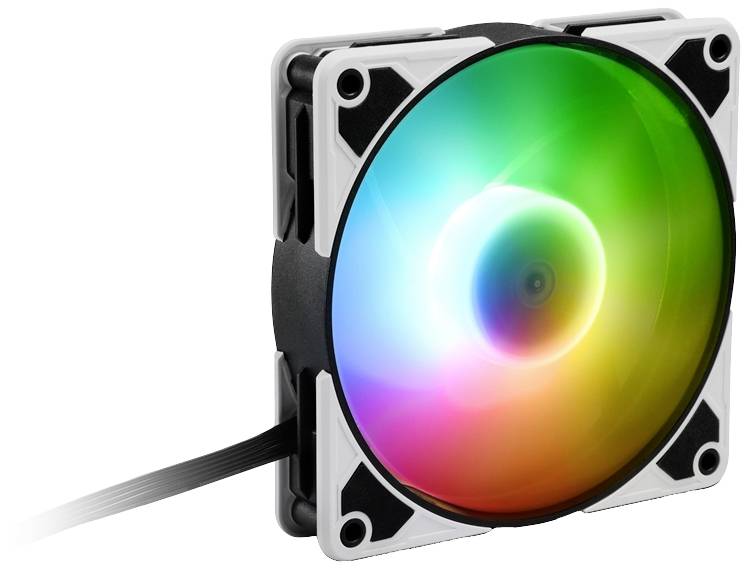 Wentylator komputerowy z podświetleniem RGB wyświetla gradient kolorów od niebieskiego, przez zielony i czerwony, aż po żółty. Wentylator jest zamontowany w białej ramce.