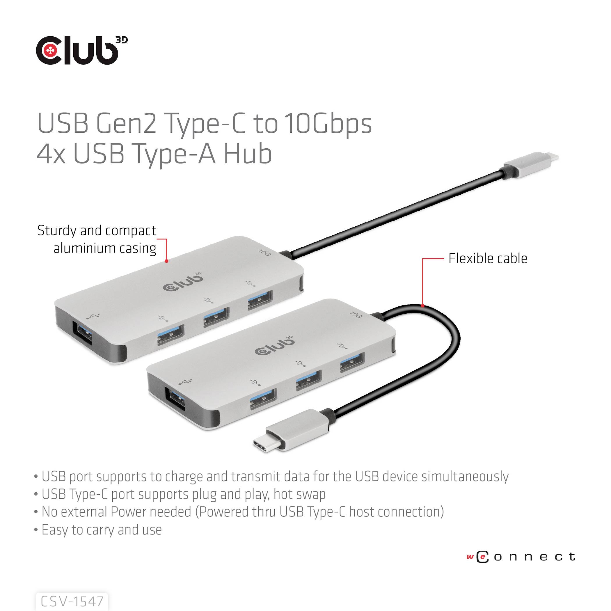Hub USB Gen2 Type-C do 10 Gbps z 4 portami USB Type-A w aluminiowej obudowie z elastycznym przewodem. Obsługuje szybkie ładowanie.