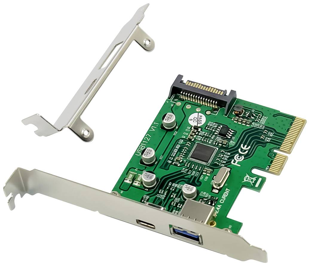 Karta rozszerzeń PCIe z portem USB 3.0 i dodatkowym wspornikiem metalowym. Odpowiednia do instalacji w obudowach komputerowych.