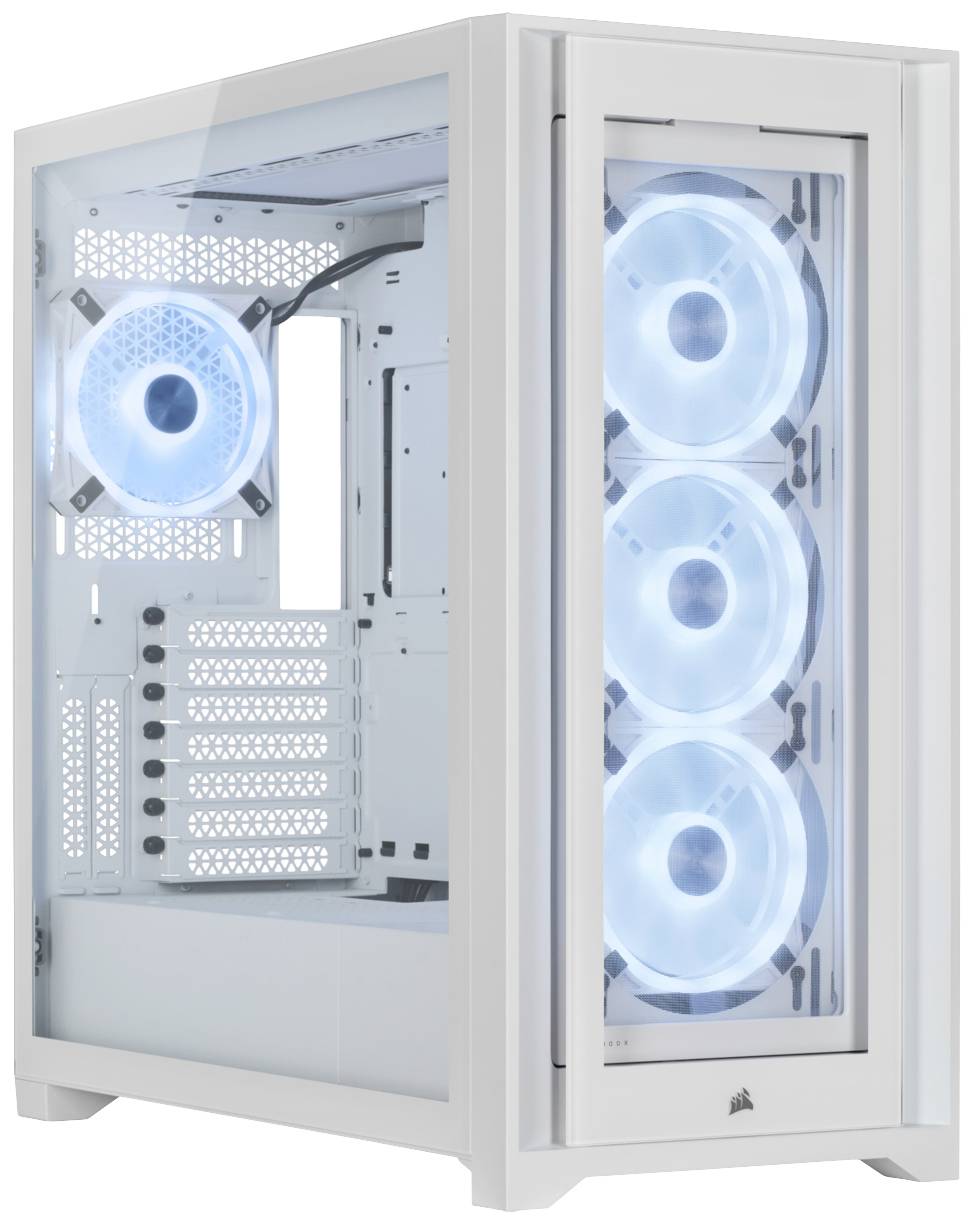 Białe obudowa komputera PC z oknem bocznym. We wnętrzu widoczne są cztery podświetlane wentylatory. Odpowiednia do gier lub wydajnych zastosowań.