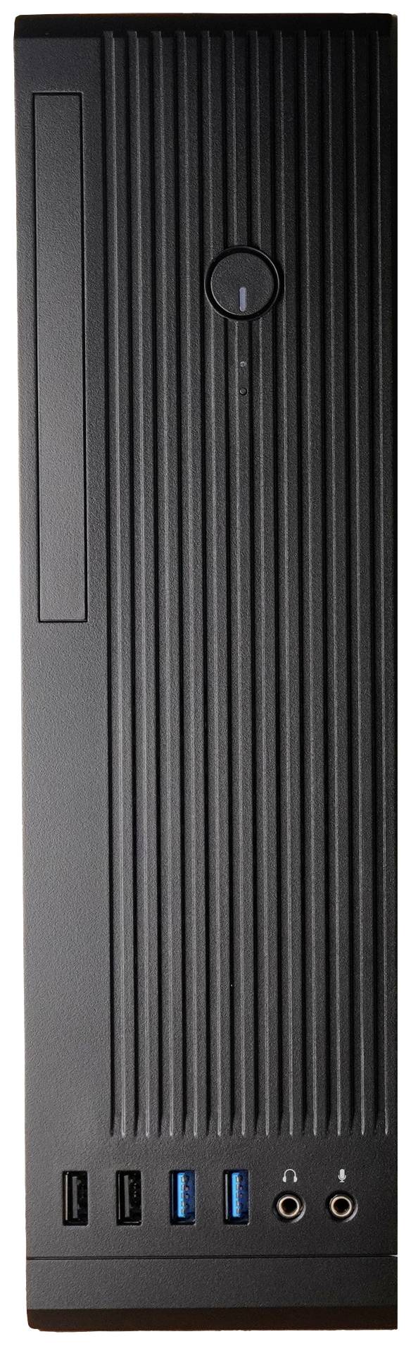 Czarny komputer stacjonarny z pionowymi liniami na przedniej ściance, przyciskiem zasilania, czterema portami USB oraz dwoma gniazdami audio.
