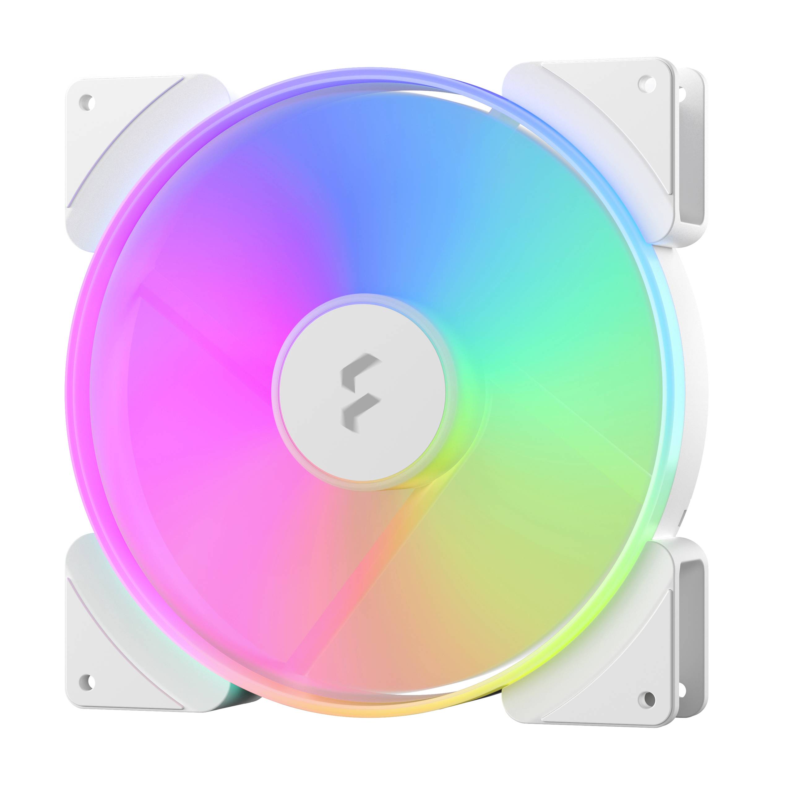 Biały wentylator komputerowy o zaokrąglonych krawędziach, podświetlony wieloma kolorami tęczy, umieszczony na przekątnej od prawego dolnego do lewego górnego rogu obrazu.